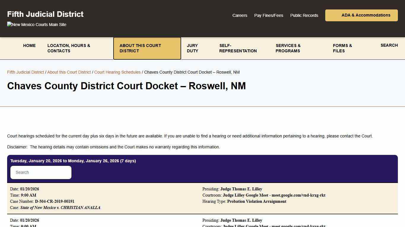 Chaves County District Court Docket - Roswell, NM - Fifth Judicial District